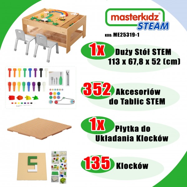 Drewniany Stół Edukacyjny + AKCESORIA STEM WALL + 135 Klocków MASTERKIDZ 