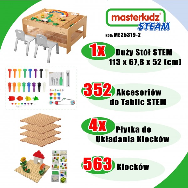 Drewniany Stół Edukacyjny + AKCESORIA STEM WALL + 563 Klocków MASTERKIDZ 