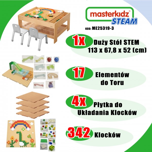 Drewniany Stół Edukacyjny + AKCESORIA STEM WALL + 359 el. MASTERKIDZ 